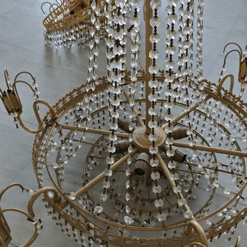 Ceiling Chandeliers used, set of 3, gold with fake crystals