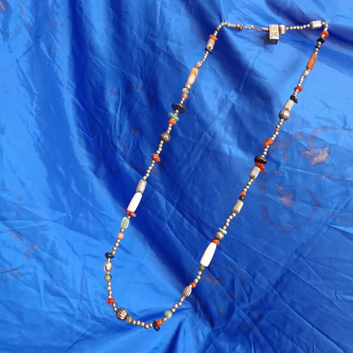 Vintage ‘80s Ethnic Tribal Nepal Necklace with Semi-Precious Stones and Metal Beads new, multicolor