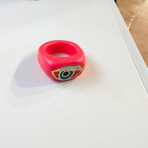 Coral-Red Neon Pink Chunky Ring Y2K With Evil Eye Design Like New