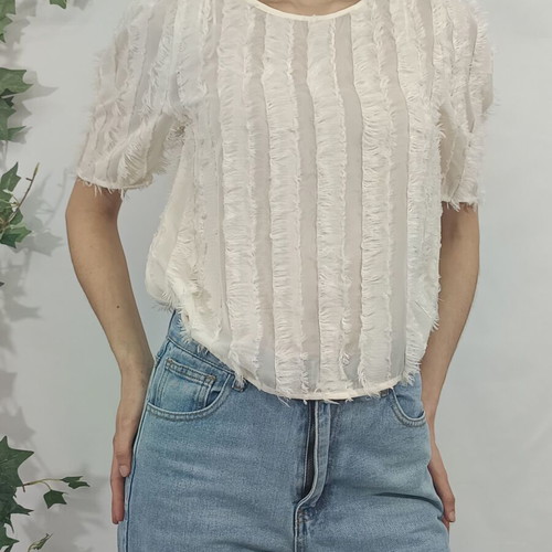 Zara semi-sheer short-sleeved top with fringes in beige, like new