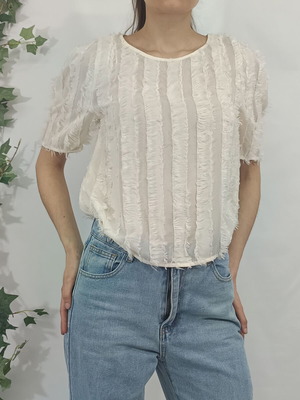 Zara semi-sheer short-sleeved top with fringes in beige, like new