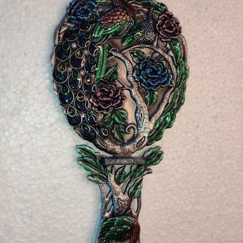 Colorful Hand Mirror with Large Double Peacock like new
