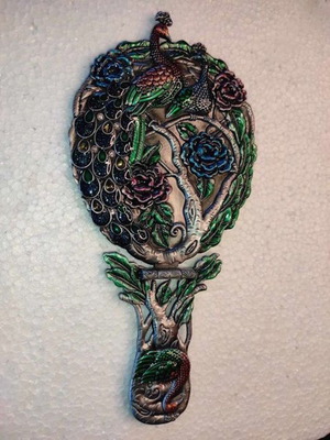Colorful Hand Mirror with Large Double Peacock like new