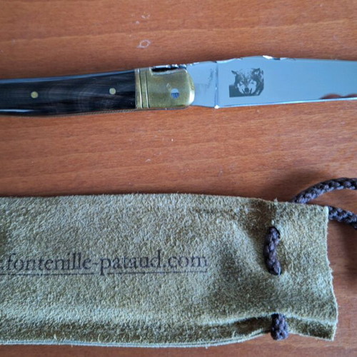 French knife new with leather sheath, 10 cm blade length