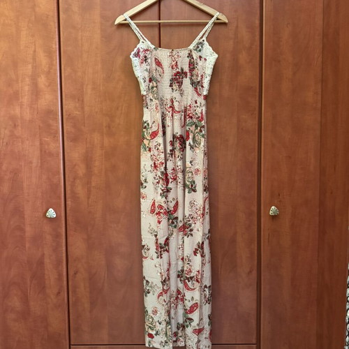 Retro floral summer dress used, size XS/S, beige multicolor