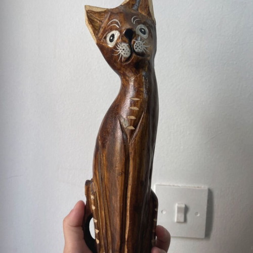 Vintage wooden cat set used, boho Balinese style decor, 3 pieces
