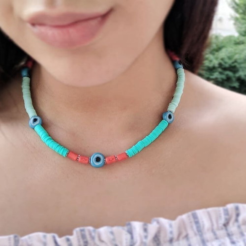 Handmade necklace with semi-precious stone chalcedony, Fimo beads and ceramic eyes
