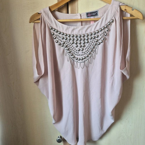 Lipsy London blouse nude pink with pearls and open shoulders, like new