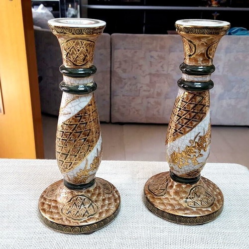 Royal Satsuma porcelain candlesticks set used, hand-painted