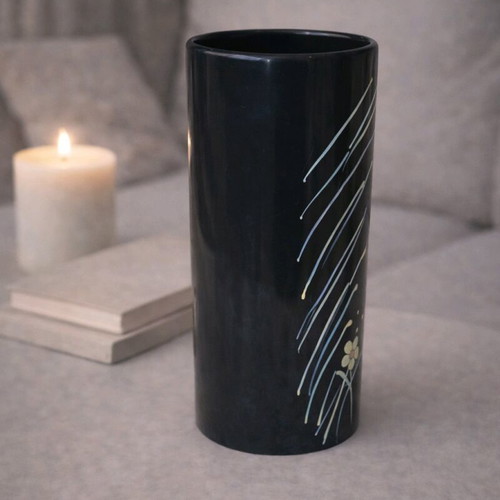 Decorative vase black with artistic painted design like new