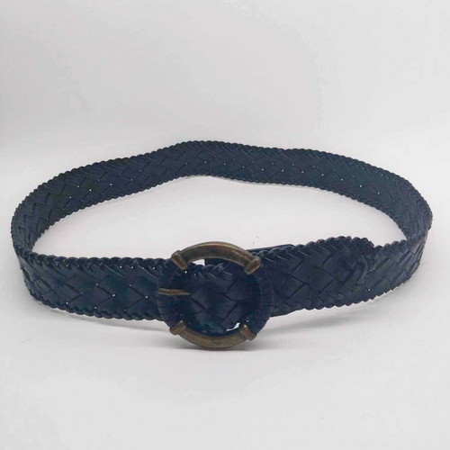 Vintage braided leather belt used, black, with brass buckle