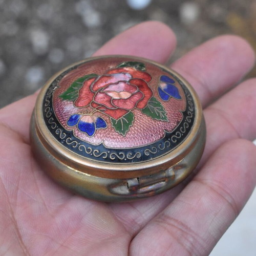 Vintage Cloisonné Metal Pillbox used with Rose and Butterflies