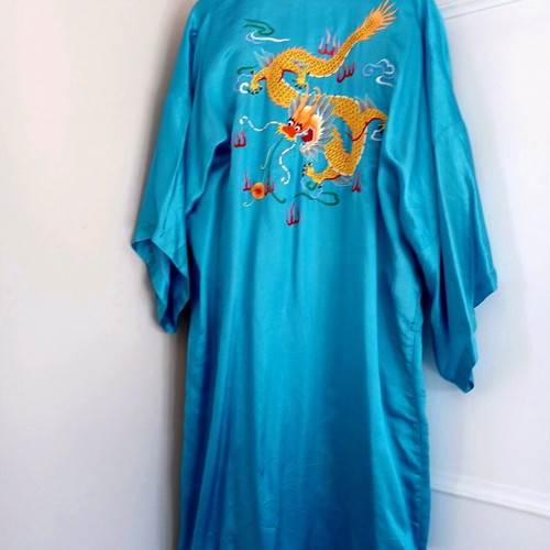Women's satin silk robe new, blue, one size with embroidery