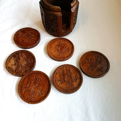 Wooden carved coasters used with holder, handmade from Kythera