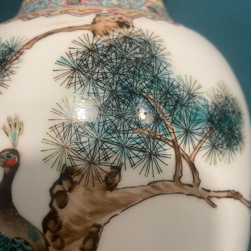 Chinese Famille Rose vase like new, 20th century with peacock and peony branch