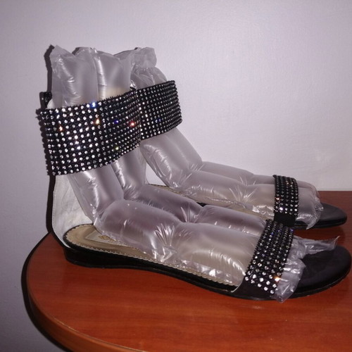 Italian women's gladiator sandals used, black leather with crystals size 39-40