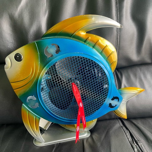 Fish-shaped decorative table fan new, hand painted sculpted ironwork