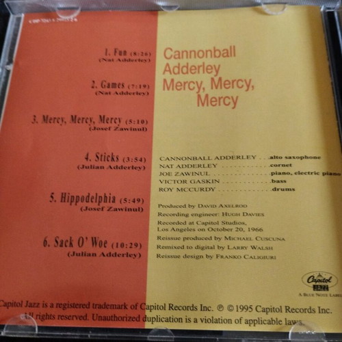 Cannonball Adderley Mercy, mercy, mercy Live At The Club CD like new, jazz