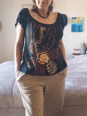Boho top with sequins and ethnic print, like new, black and gold