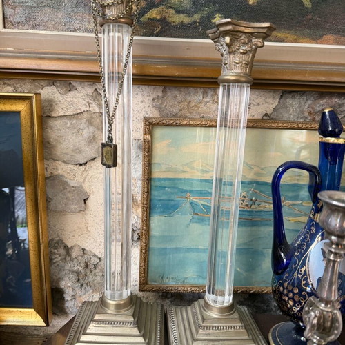 Candlesticks pair with brass and plexi like new, Corinthian style