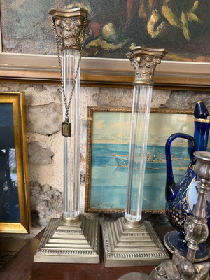 Candlesticks pair with brass and plexi like new, Corinthian style