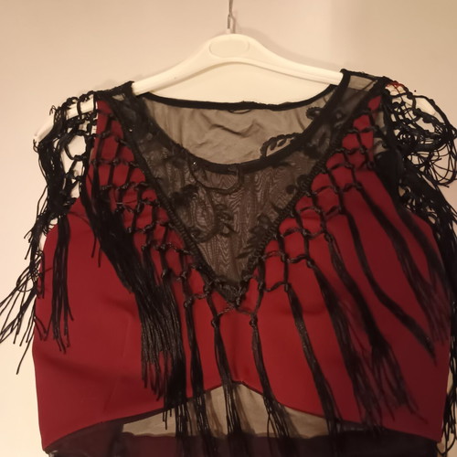 Midi dress for special occasions like new, burgundy with lace and fringes