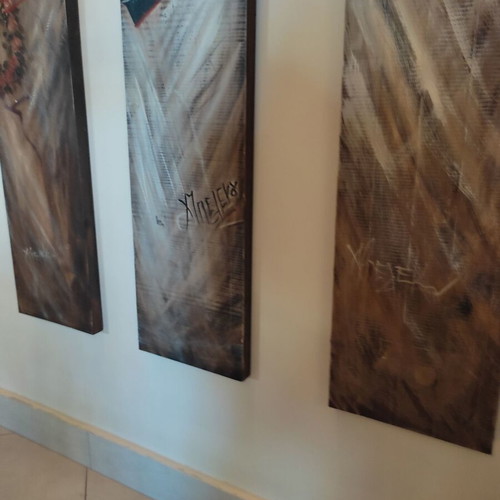 Painting triptych by Christina Belekou like new, female figures symbolizing concepts