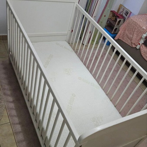 Baby cot with latex mattress used, white, wooden