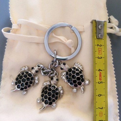 Metallic turtle keychain charm new with black enamel and crystals