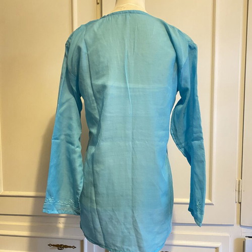 Indian cotton tunic kaftan like new, turquoise blue with embroidery