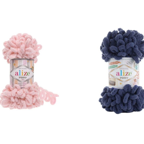 Handmade scarf with Alize Puffy yarn in blue and pink, made to order