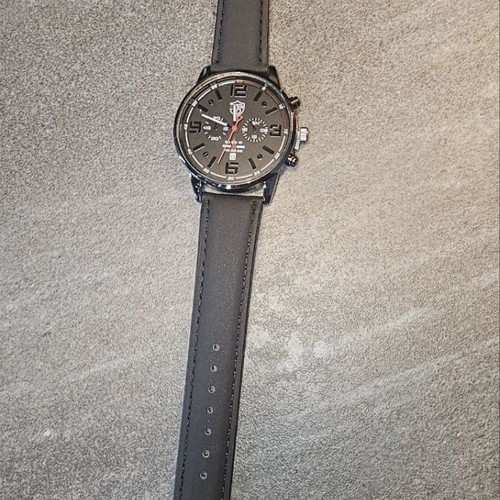 Round watch with leather strap new, men's, black
