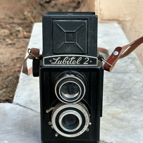 Lubitel 2 camera used with original leather case