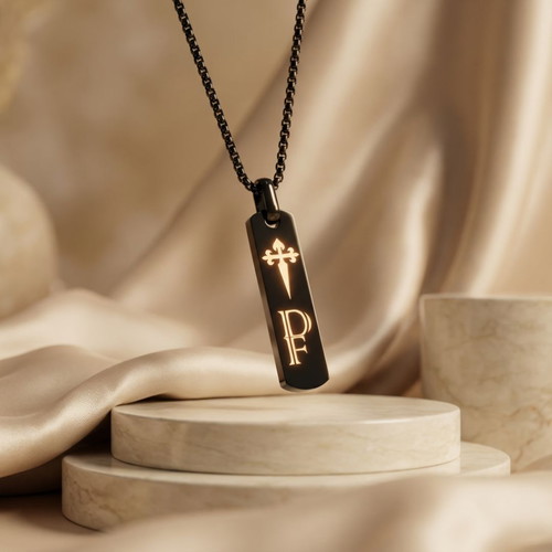 Necklace with Personalized Engraving in Black Stainless Steel New