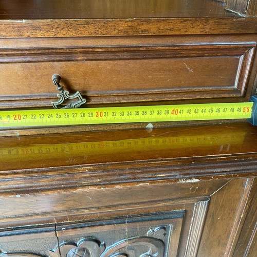 Handmade carved walnut display cabinet used, 1950s vintage