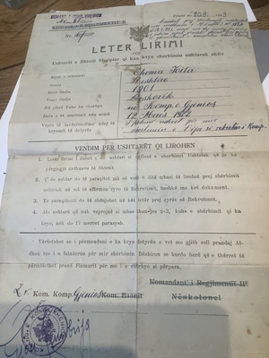 Απολυτήριο Στρατού Αλβανικού 1923 μεταχειρισμένο του Βορειοηπειρώτη Λοχία Θωμά Κήτα