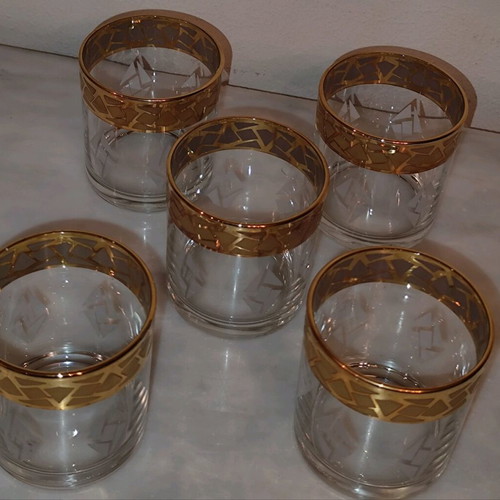 Whiskey or water glasses used, Italian made, gold decoration set of 5