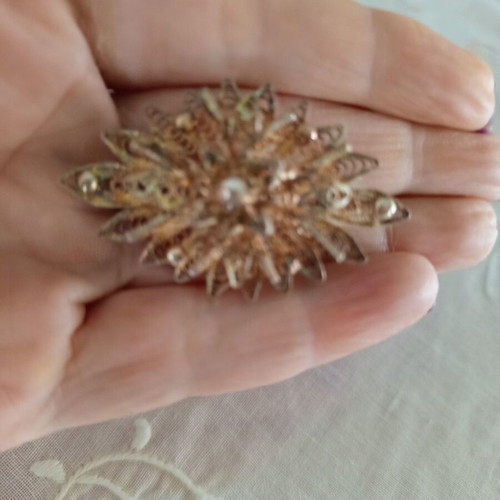 Vintage filigree sun brooch with pearls used