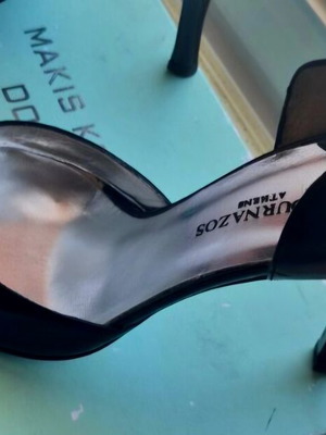 J.Bournazis black leather high-heeled pointed toe pumps with rhinestone strap