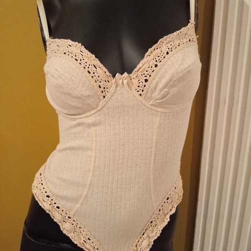 Vintage cotton lace bodysuit M/L, new, grey and beige