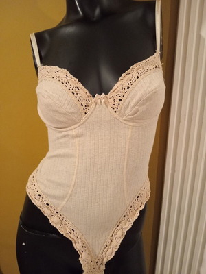 Vintage cotton lace bodysuit M/L, new, grey and beige