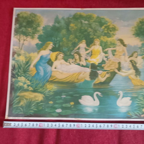 Chromolithograph poster 1950-60 with nymphs and swans like new