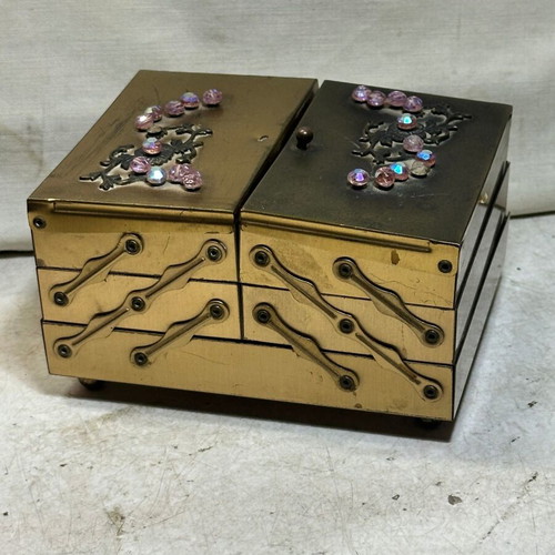 Vintage metal jewelry box with drawer mechanism and velvet lining used