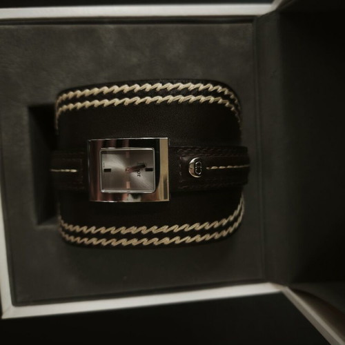 Christian Dior Wide Leather Cuff Watch with Zig-Zag Stitching, NOS