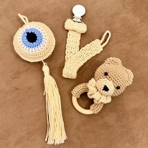 Baby set teether-rattle-pacifier clip made to order