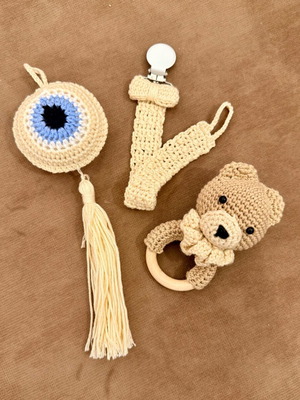 Baby set teether-rattle-pacifier clip made to order