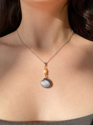 Handmade stainless steel necklace with shell, red aventurine and pearl made to order
