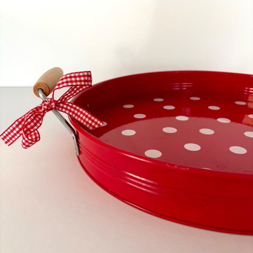 Spiegelburg metal serving tray with wooden handles, like new, red with white dots
