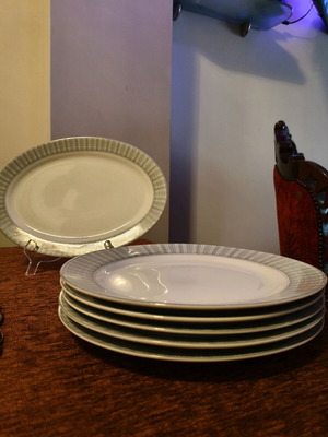 Porcelain plates used 5 pieces and Vicko platter with gray design