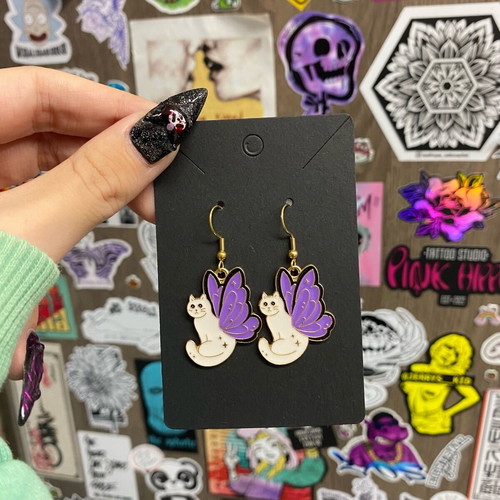 Fairy cat earrings new, steel, purple and gold